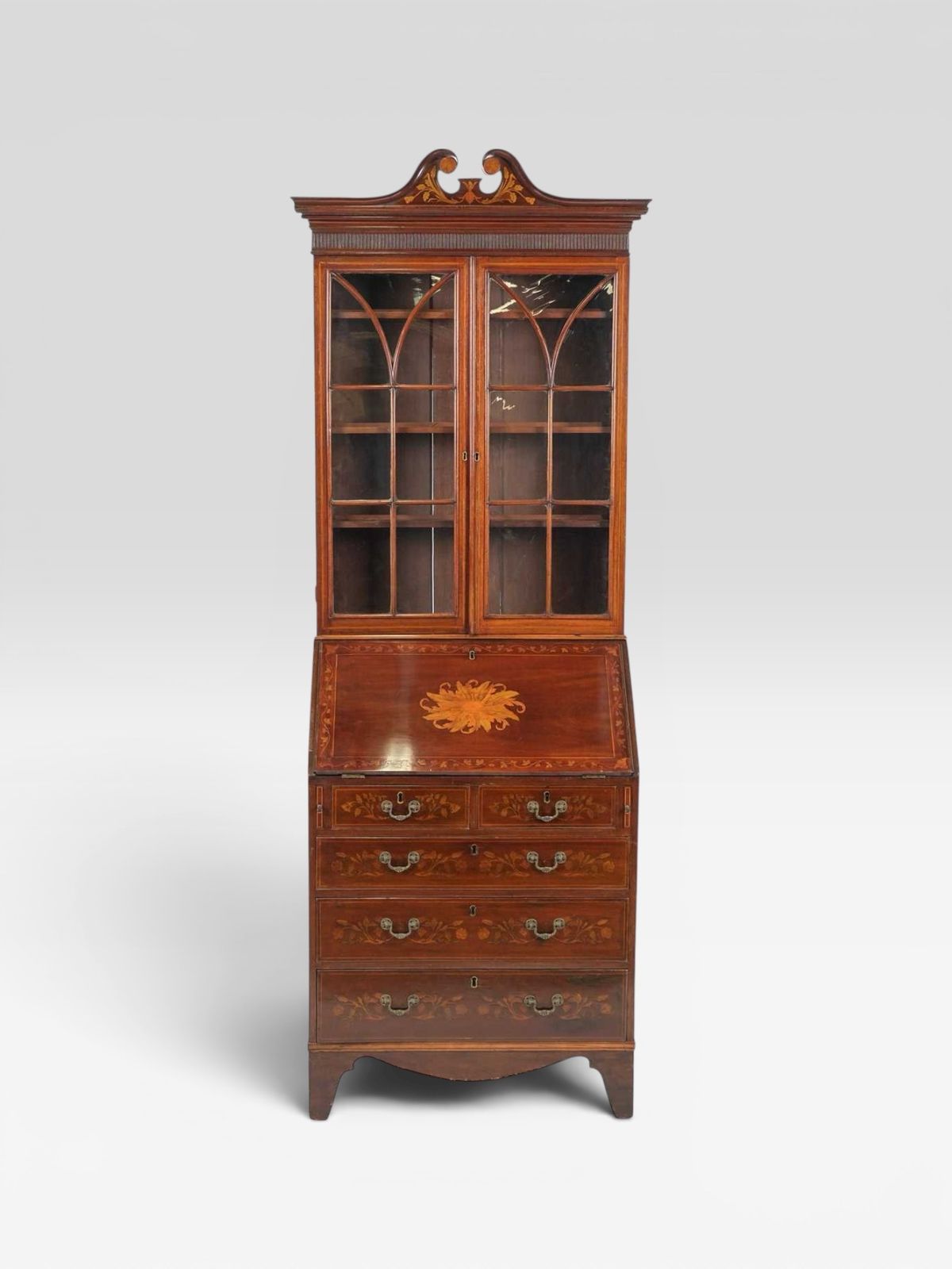 A George III Style Marquetry Inlaid Mahogany Bookcase Bureau