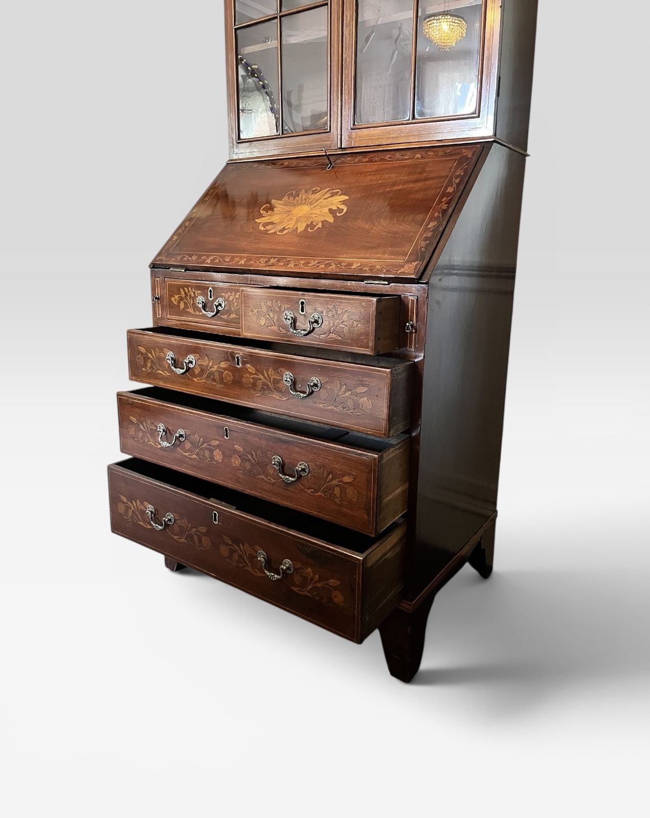 A George III Style Marquetry Inlaid Mahogany Bookcase Bureau photo for sale