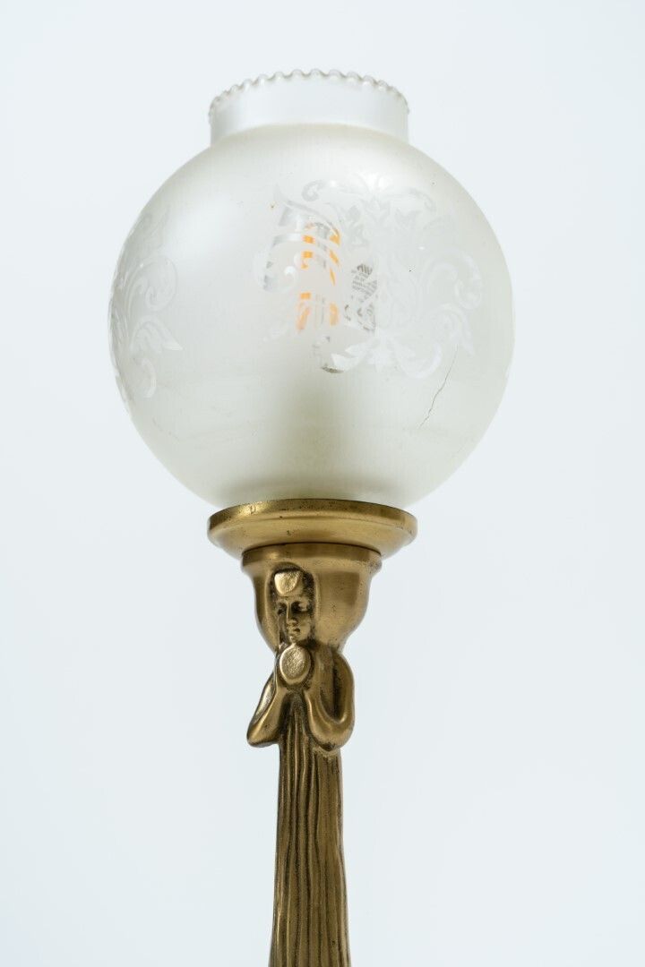 Art Nouveau Style, Copper Female Figure Table Lamp With Opal Glass Shade (1930s 50s) photo furniture