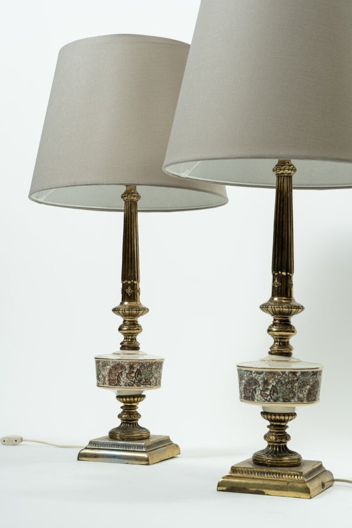 Pair Of Neoclassical Style Table Lamps, Combining Copper And Porcelain photo Lighting