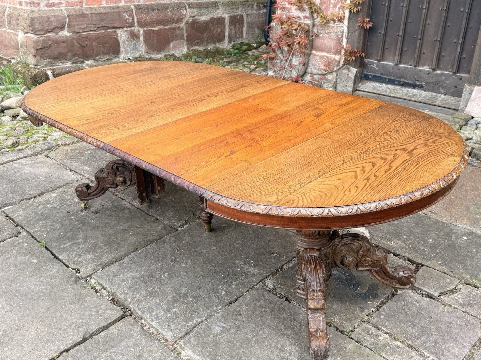 Rare French Antique Carved Oak Henri II Extending Split Pedestal Dining Table photo vinterior