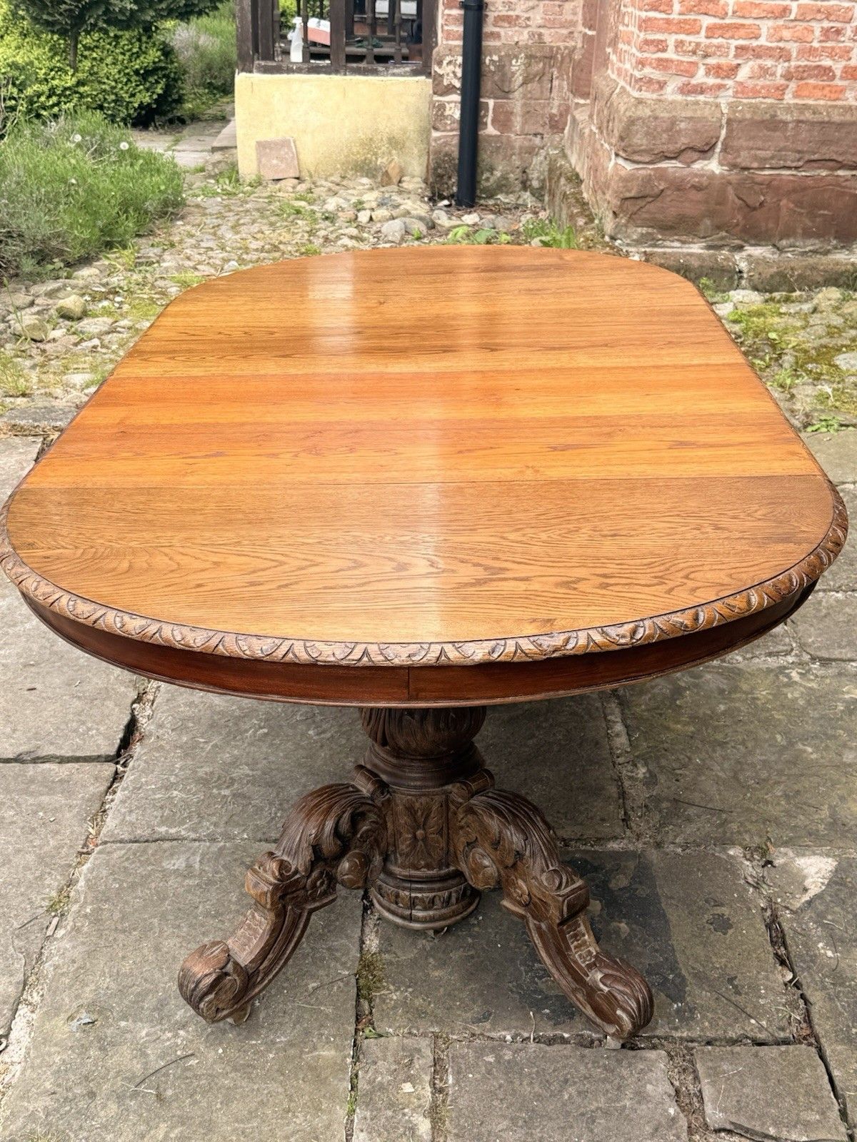 Furniture Rare French Antique Carved Oak Henri II Extending Split Pedestal Dining Table photo