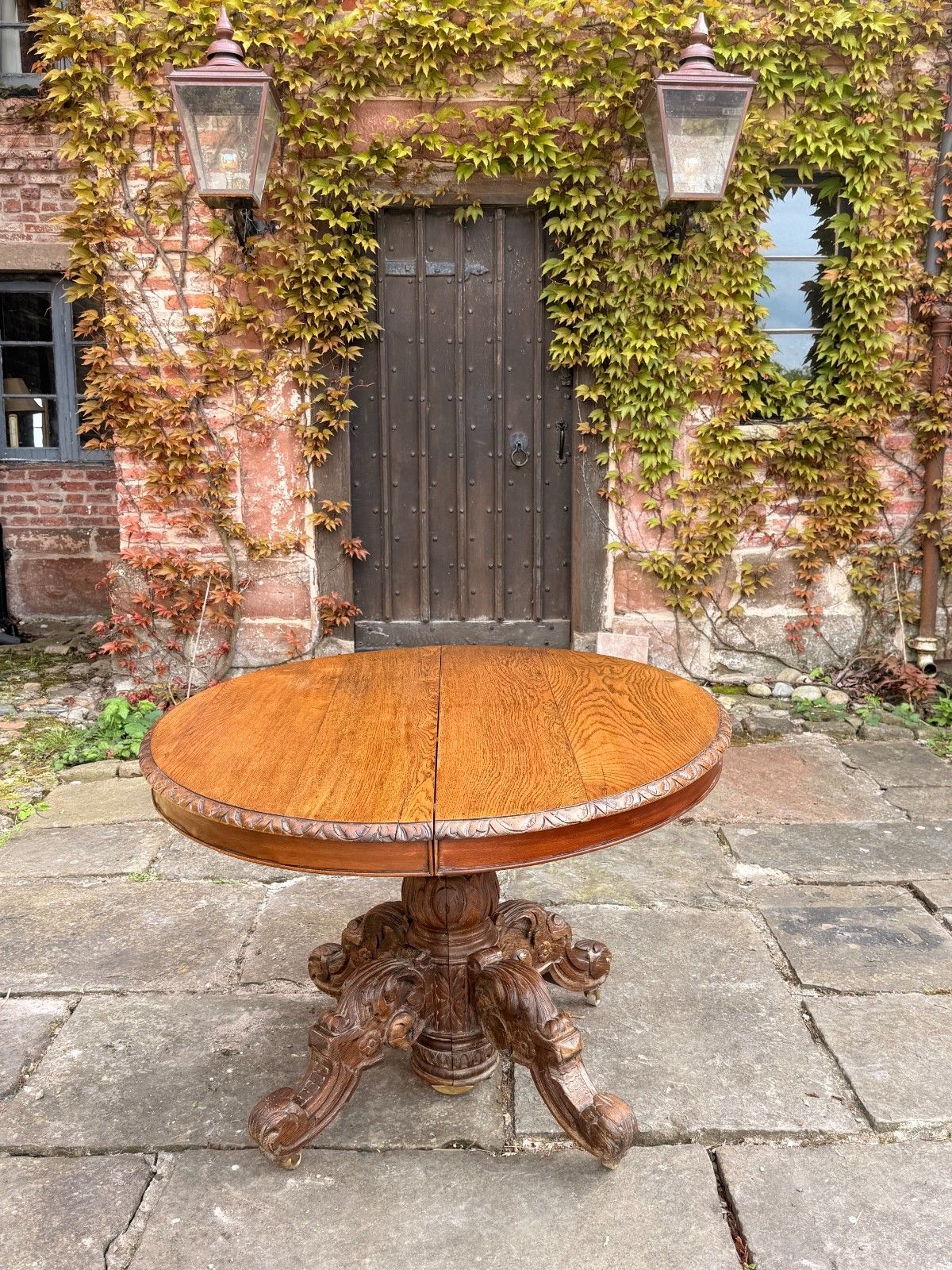 1599.0 Rare French Antique Carved Oak Henri II Extending Split Pedestal Dining Table photo