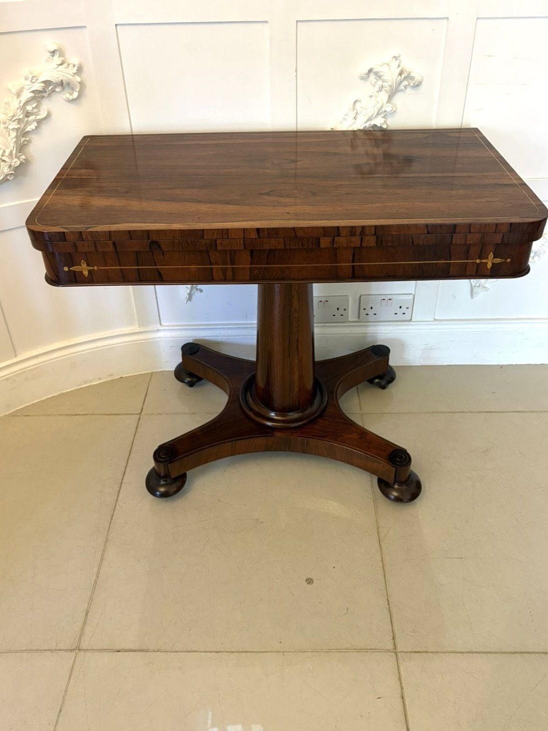 Antique 19th Century Rosewood Brass Inlaid Card Table Fold Over Top