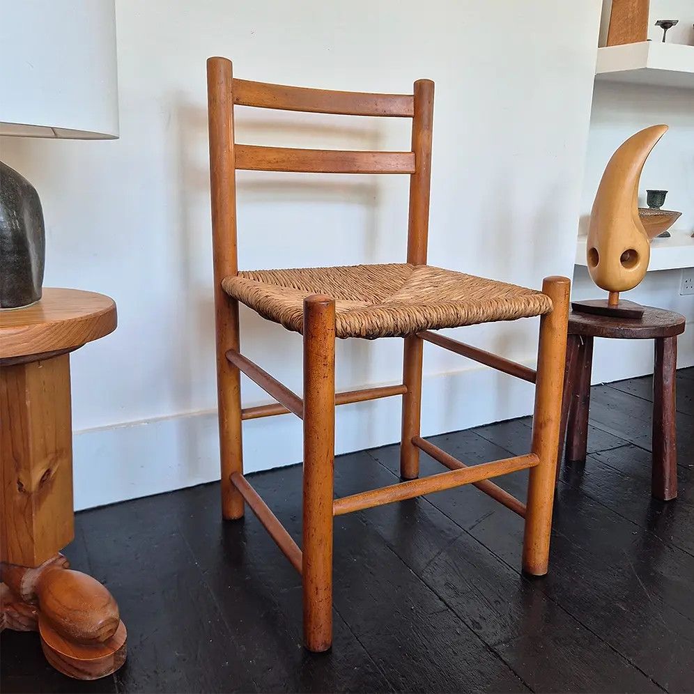 1970's French Wooden Chair W/ Rush Seat: Mid Century Modernist Style photo Furniture