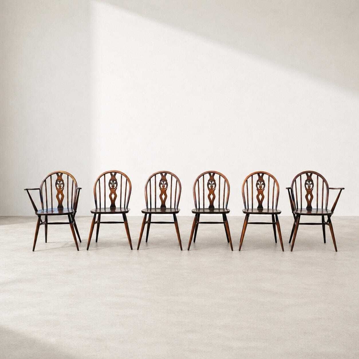 Vintage Ercol Fleur De Lys Dining Chairs | Dark Brown Elm | Model 371 Chairs 1970s Mid Century photo furniture