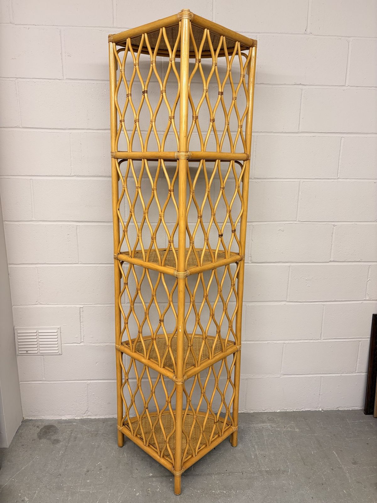 Vintage Tall Corner Cane/ Rattan Shelving Unit photo for sale