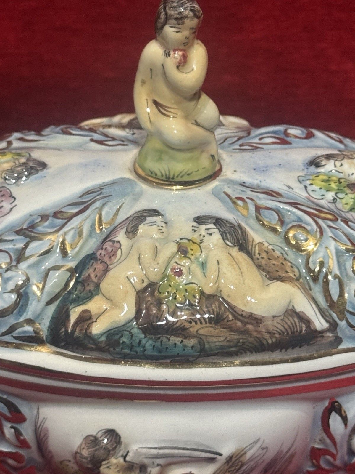 Capodimonte Porcelain Ornemental Putti/ Floral Sprays Lidded Jardiniere Vase photo 165.0