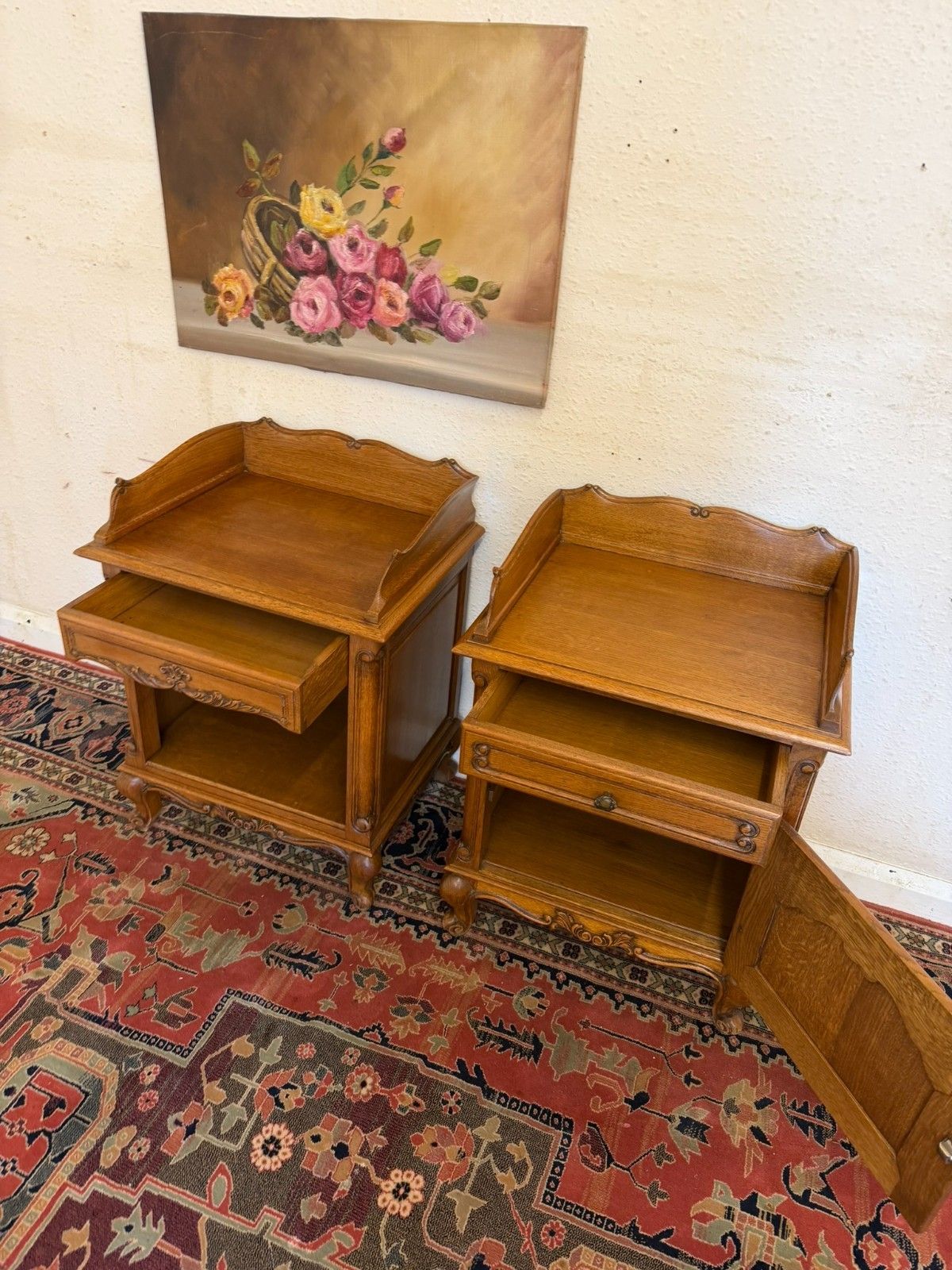 photo furniture Pair Of French Carved Oak His & Hers Bedside Cabinets Circa 1950