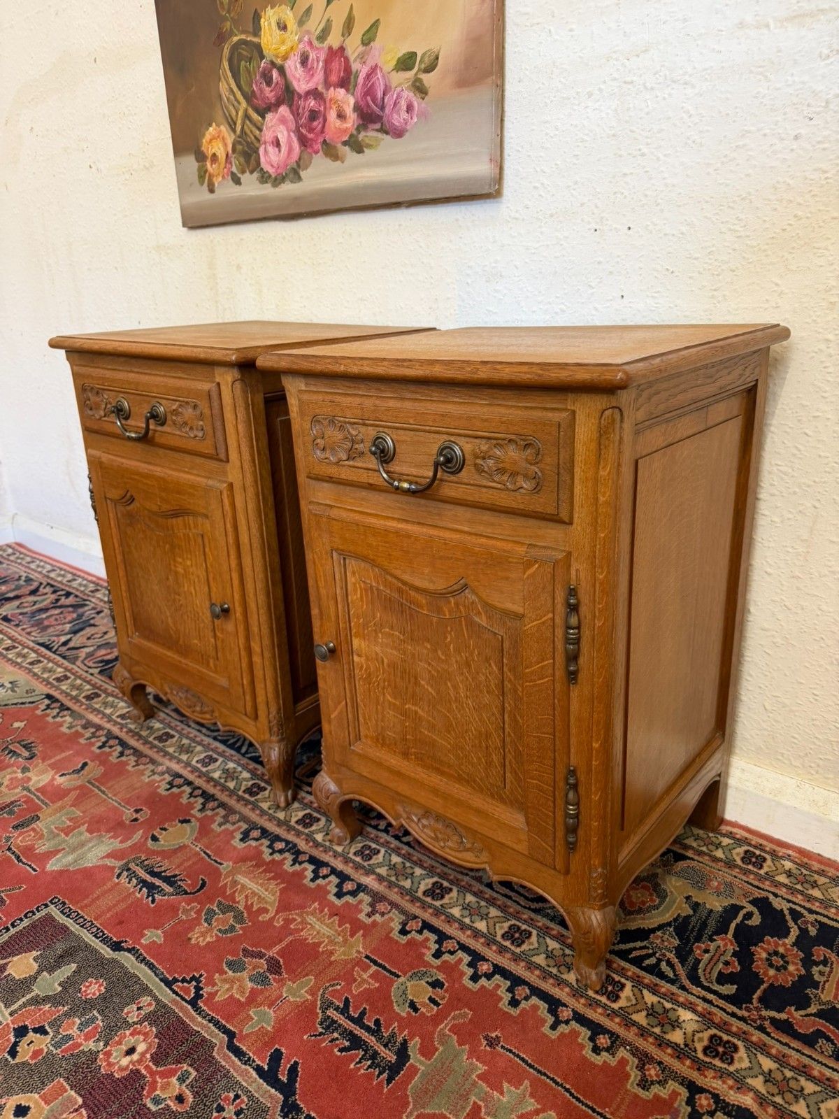 Pair Of French Carved Oak Bedside Cabinets Circa 1950 photo for sale