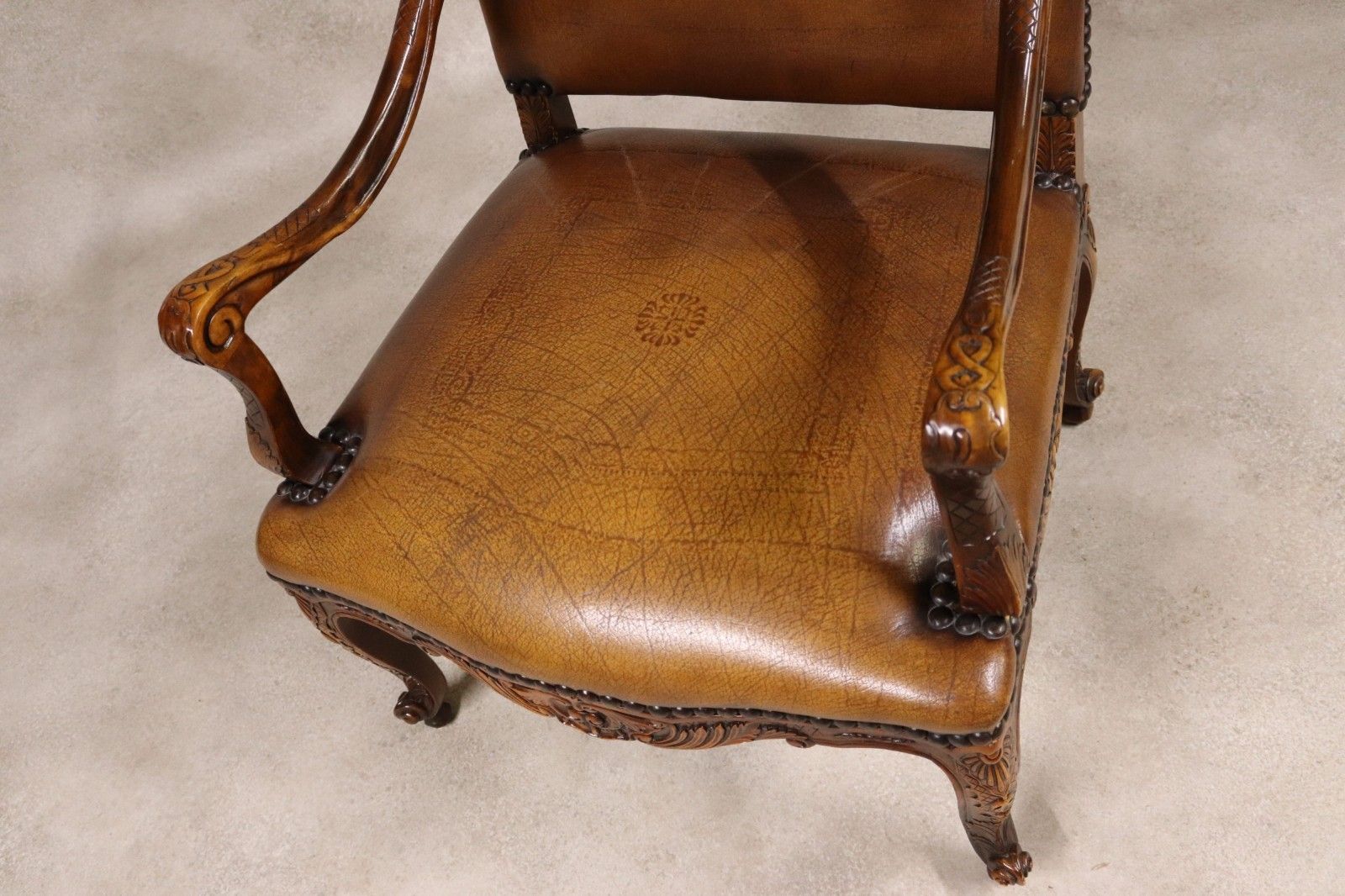 Vintage French Louis XV Style Carved Beechwood Fauteuil Tooled Leather Armchair photo for sale