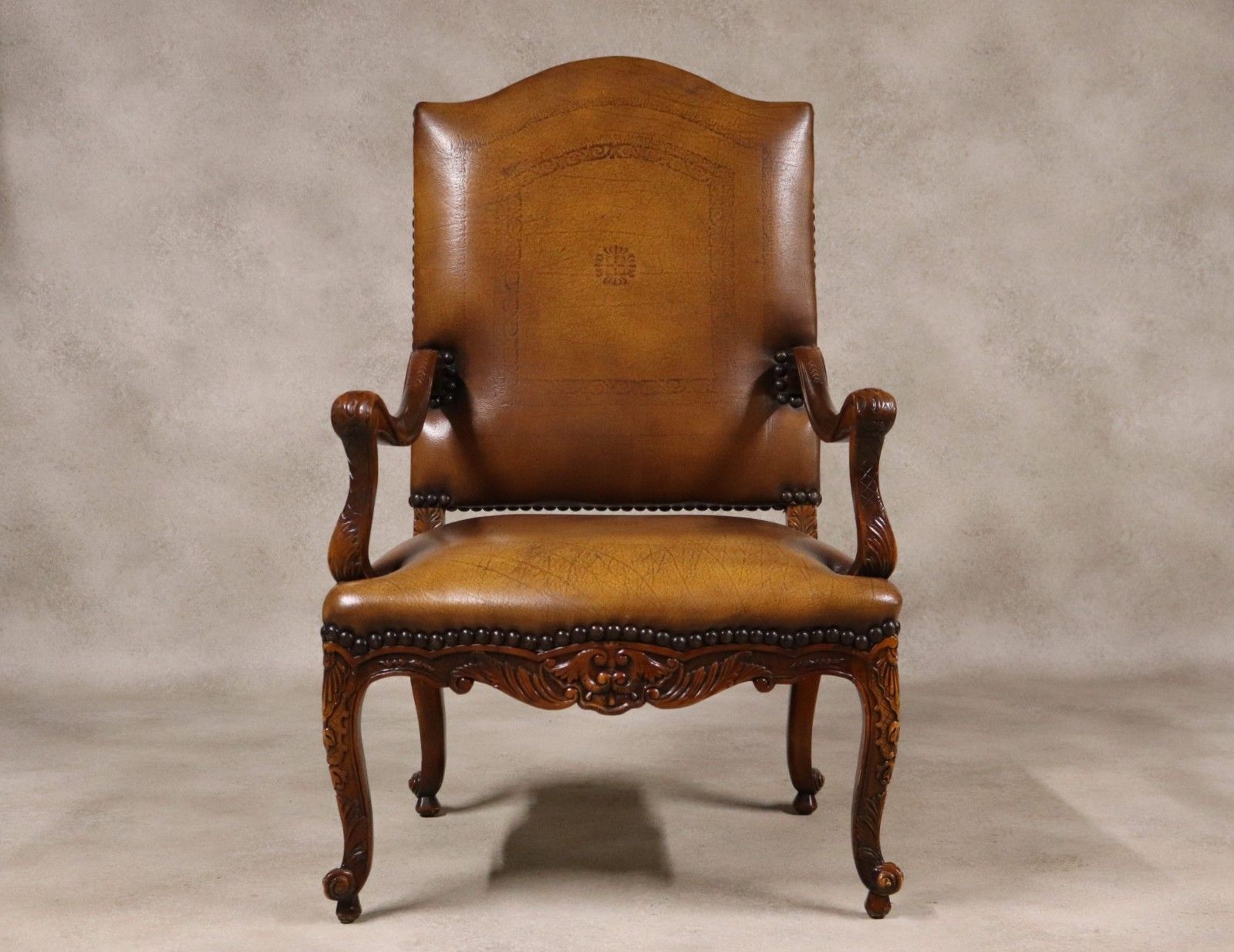 Vintage French Louis XV Style Carved Beechwood Fauteuil Tooled Leather Armchair photo 325.0