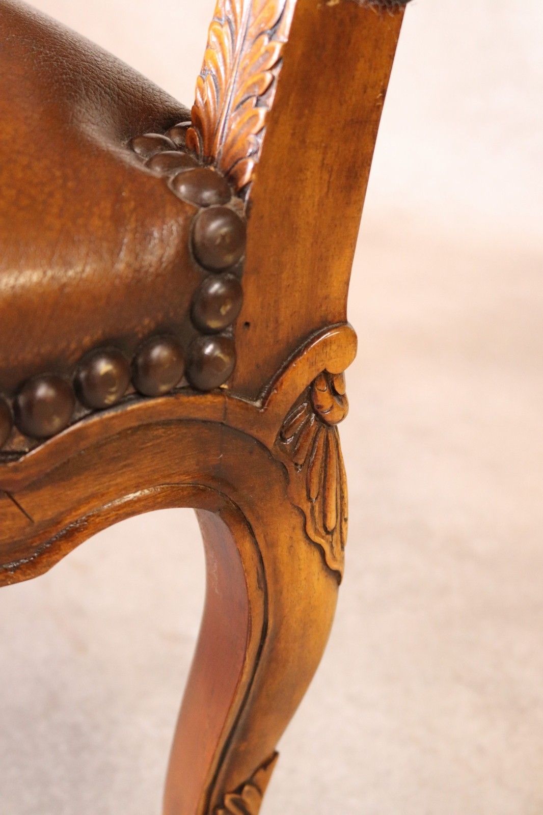 Vintage French Louis XV Style Carved Beechwood Fauteuil Tooled Leather Armchair photo vintage