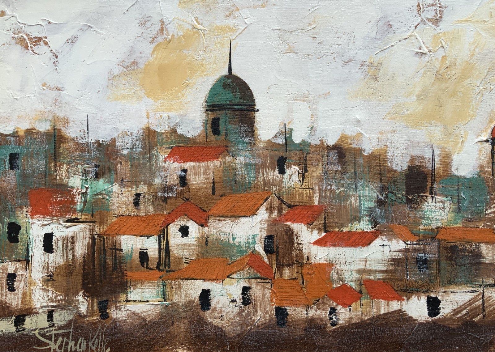 Beautiful 20th Century Vintage Abstract Cityscape Oil & Impasto Painting photo Art