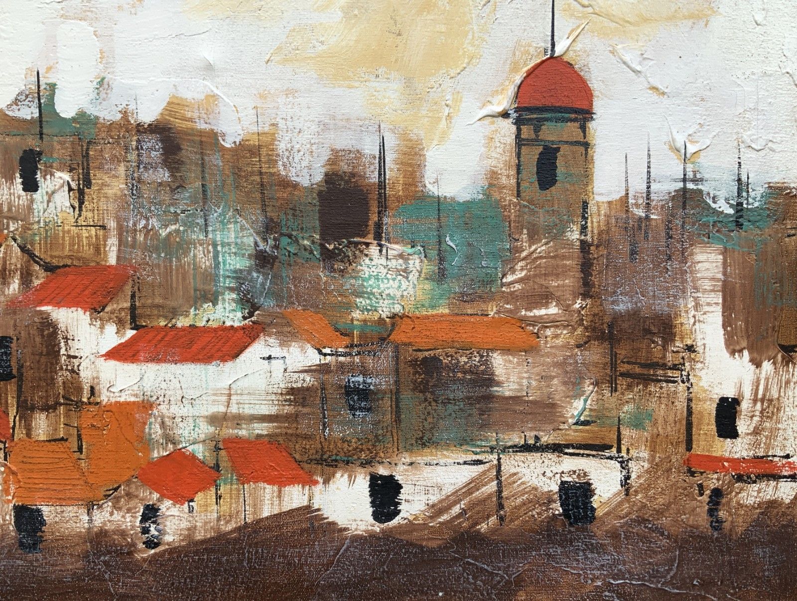 photo for sale Beautiful 20th Century Vintage Abstract Cityscape Oil & Impasto Painting