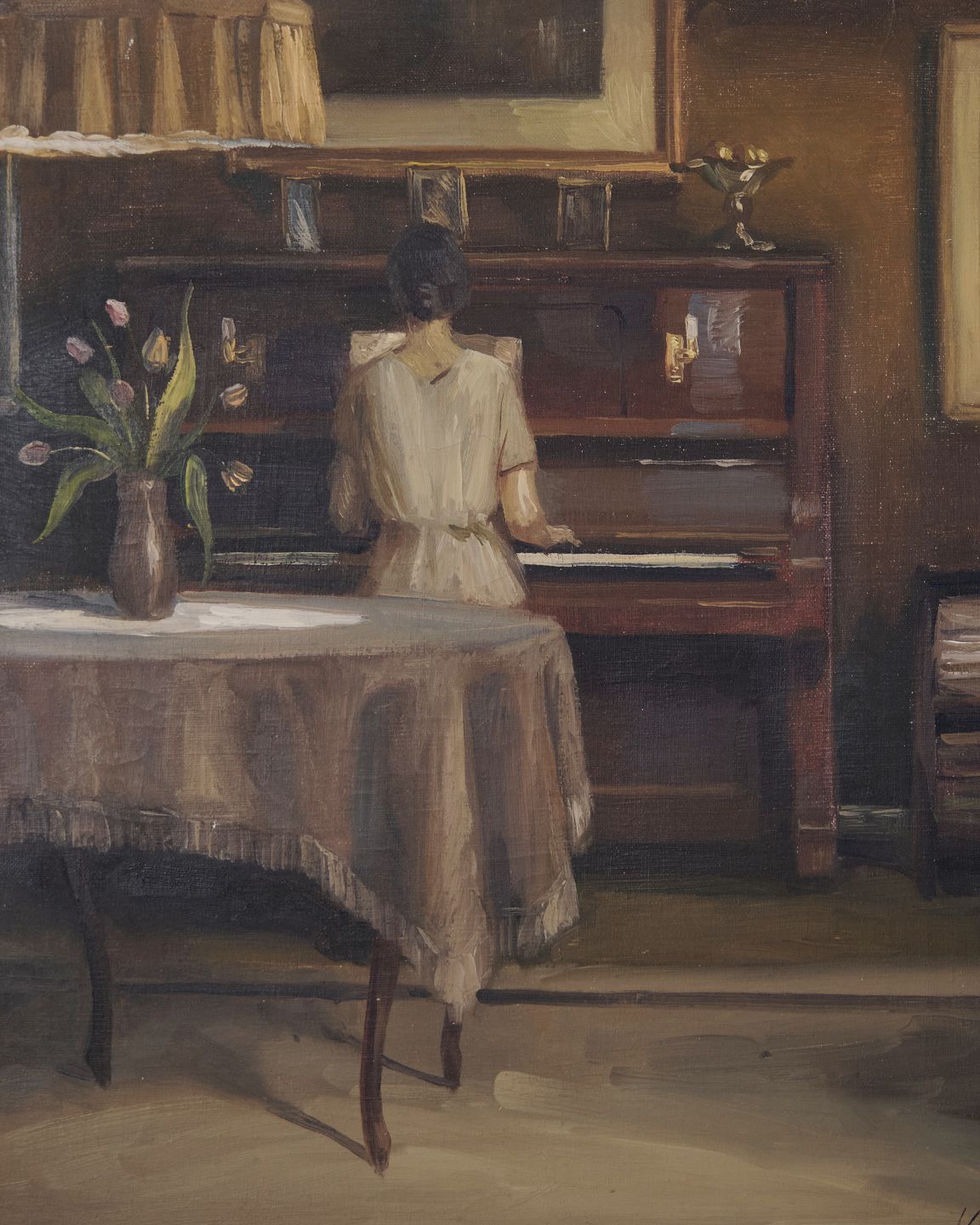 Interior Painting “Lady At The Piano” In Gilt Frame From The 1930s photo furniture