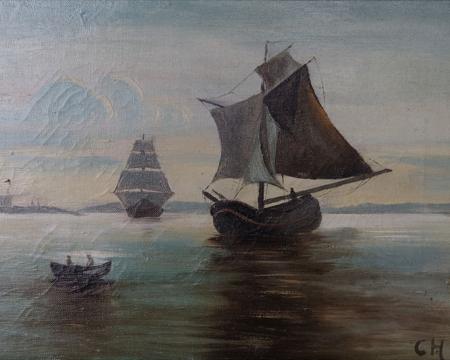 Marine Painting With Three Sailing Ships Near Kronborg Castle In Gilt Frame From The 1890s photo furniture