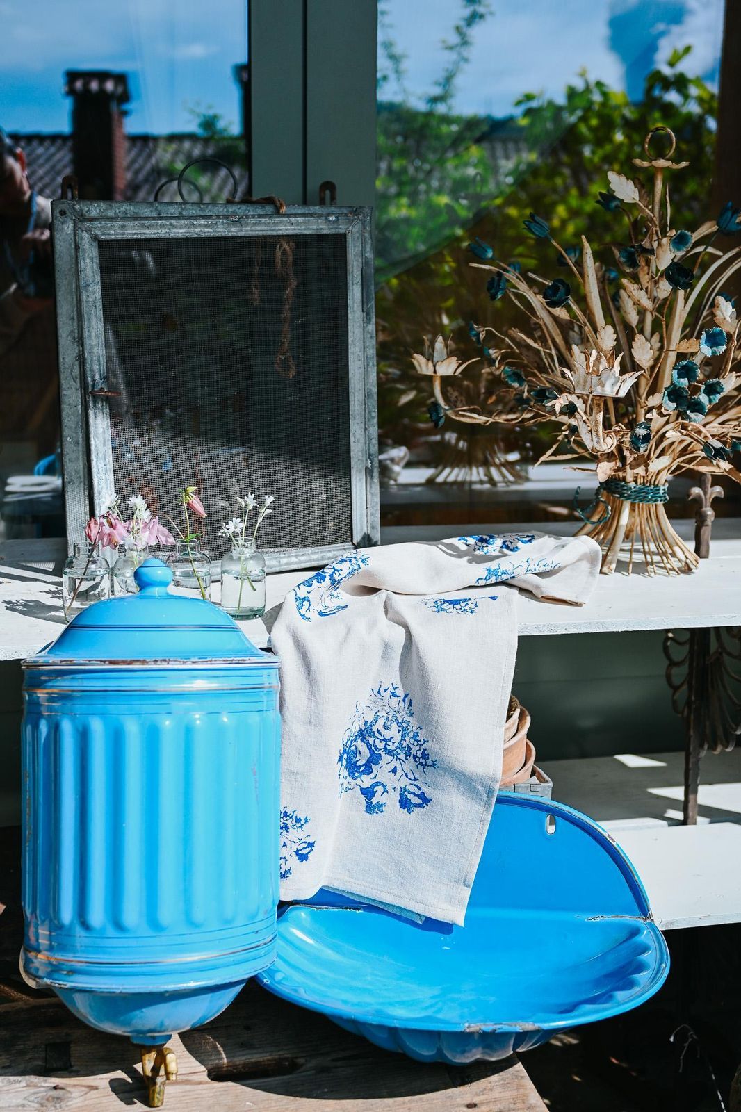 Antique Blue Enamel Garden Fountain With Shell Basin | Wall Mounted | French Farmhouse | 1930s–1950s photo for sale