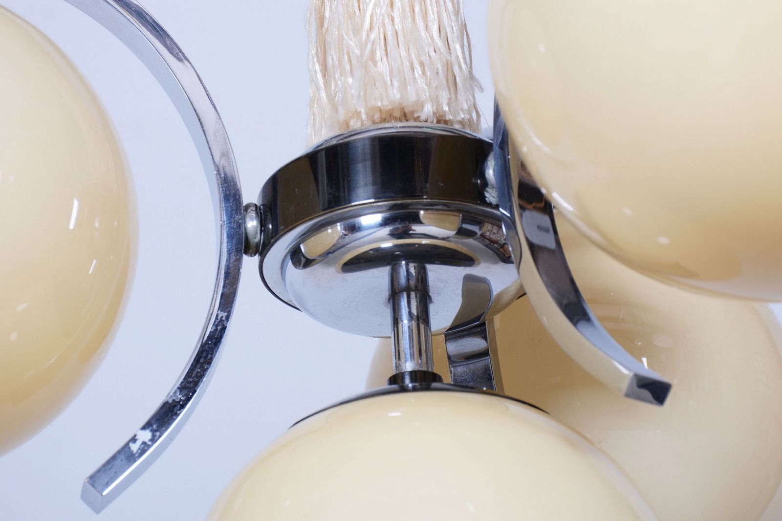 Restored Bauhaus Chandelier, Chrome Plated Steel, Opaline Glass, Czech, 1920s photo for sale