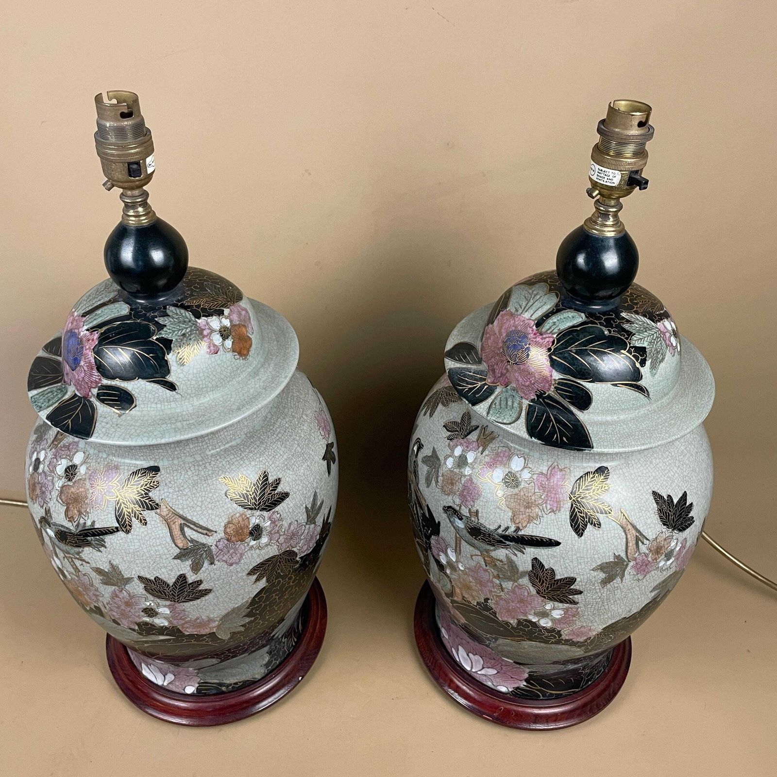 Lighting Pair Of Large Oriental Antique Ceramic Lamp Light Bedside Table Hand Painted Floral Design Wood Base Chinese Vase Vintage Brass Ginger Jar photo
