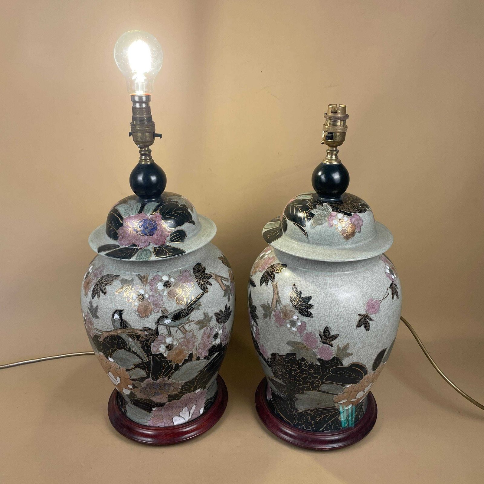 photo buy Pair Of Large Oriental Antique Ceramic Lamp Light Bedside Table Hand Painted Floral Design Wood Base Chinese Vase Vintage Brass Ginger Jar