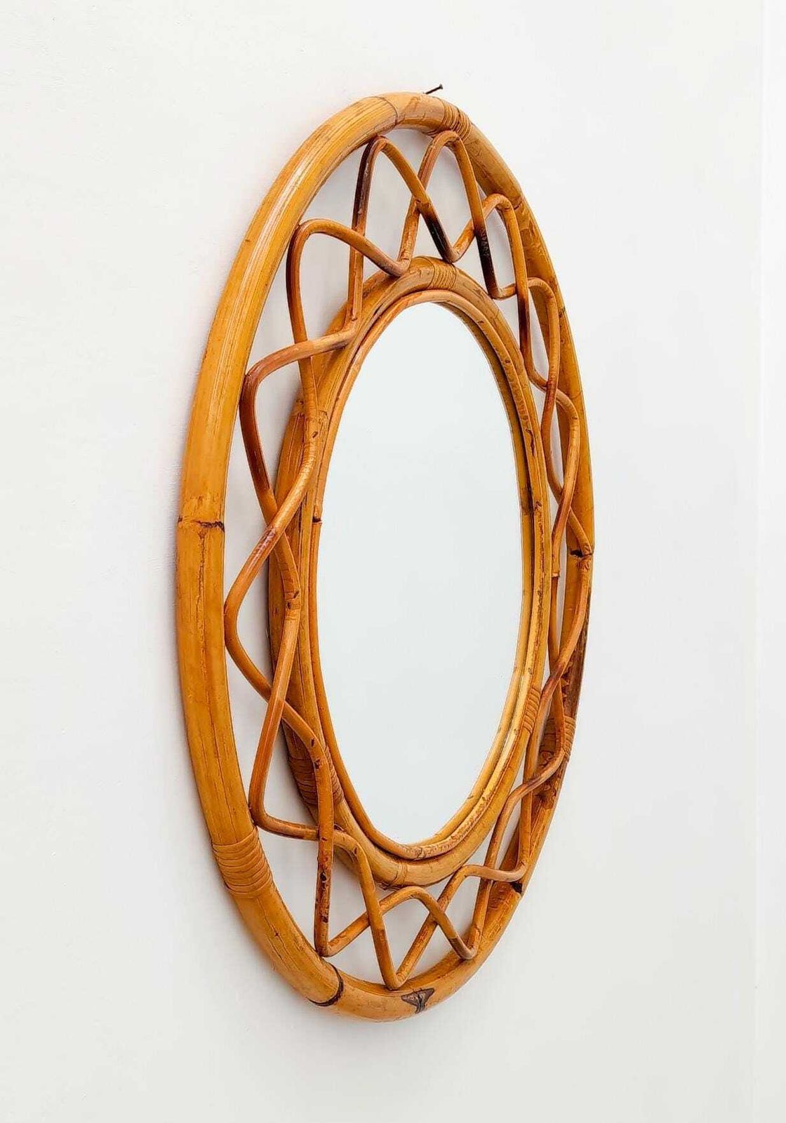 Miroir mural rond vintage Mid-Century Modern en bambou, époque Bonacina photo furniture