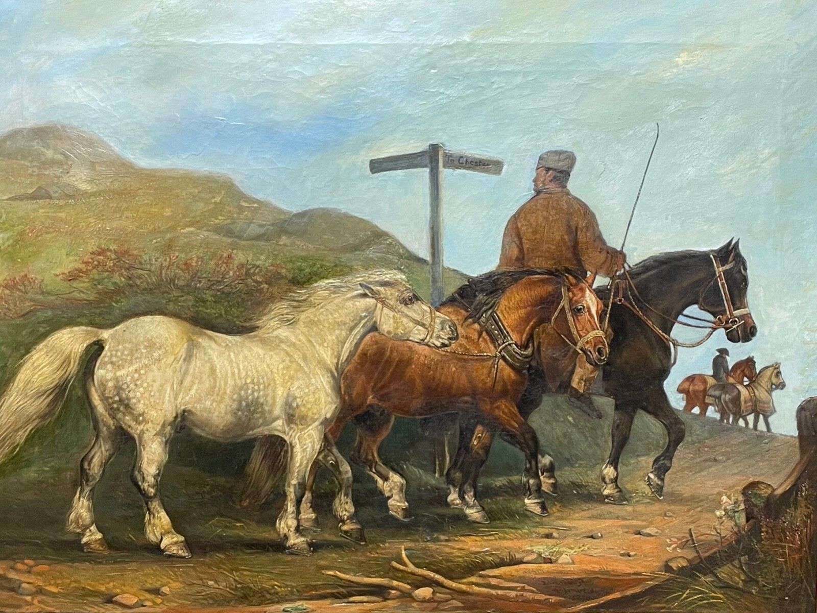 19e-eeuws ruitersschilderij, paarden op weg naar Chester, gesigneerd door Edward Lloyd Ellesmere, verguld ingelijst photo furniture