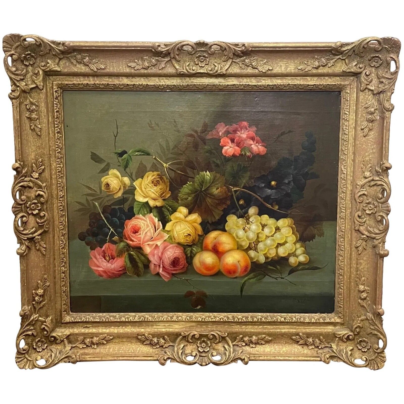 19e Eeuws Brits Kunstwerk Olieverfchilderij Stilleven Rozen, Perziken en Druiven van Edwin Steele