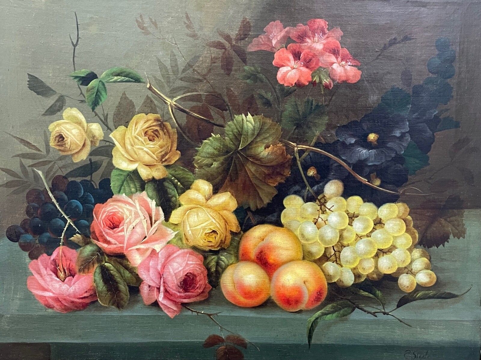 19e Eeuws Brits Kunstwerk Olieverfchilderij Stilleven Rozen, Perziken en Druiven van Edwin Steele photo vinterior