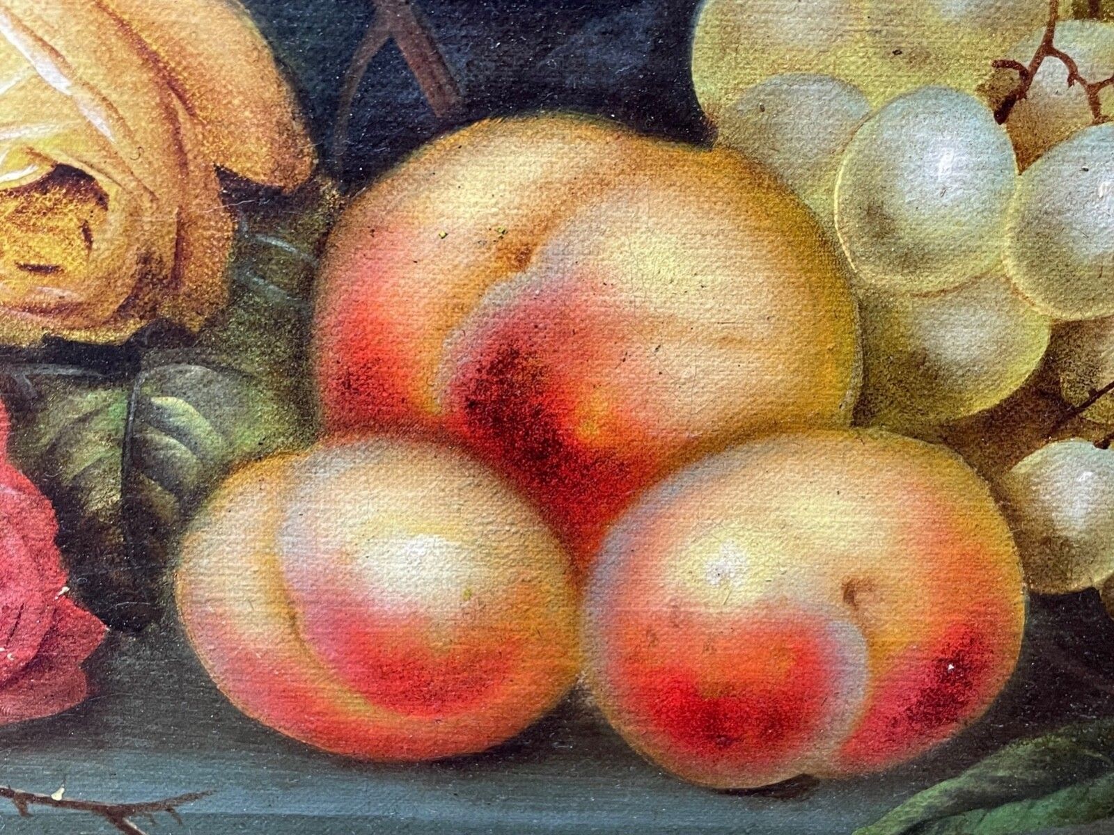 Art 19th Century British Work Of Art Oil Painting Still Life Roses Peaches & Grapes By Edwin Steele photo