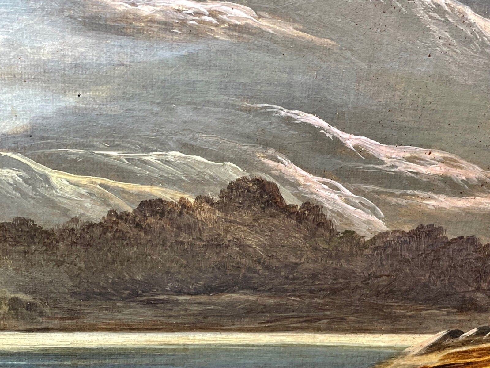 photo furniture Victoriaans olieverfschilderij "A Summer Shower Passing Over The Snowdon Range" ca. 1878, gesigneerd Charles Leslie
