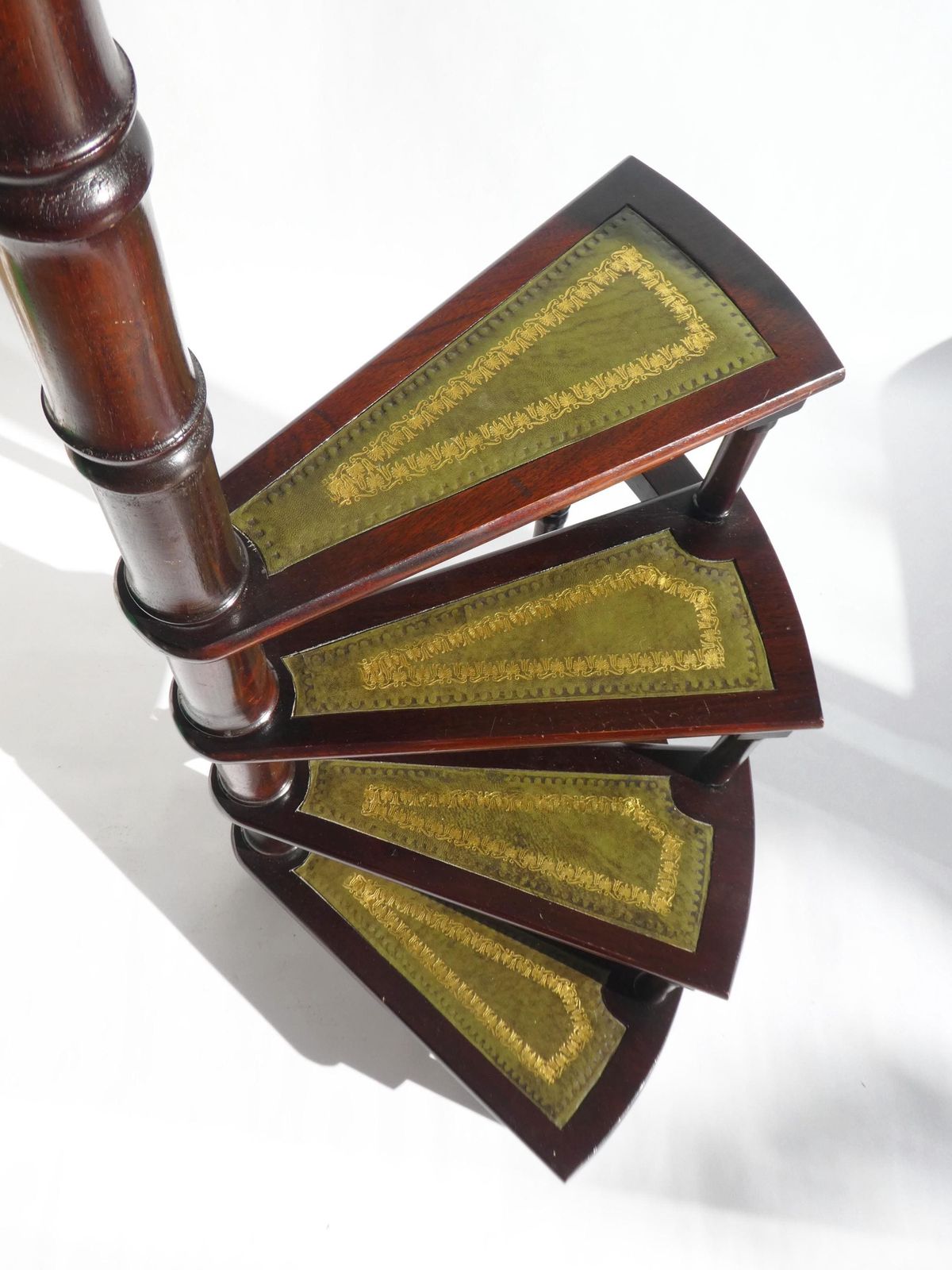 Victorian Wooden Library Stairs Green Leather, Large 50's Spiral Bookcase Ladder, Mahogany Steps photo vintage