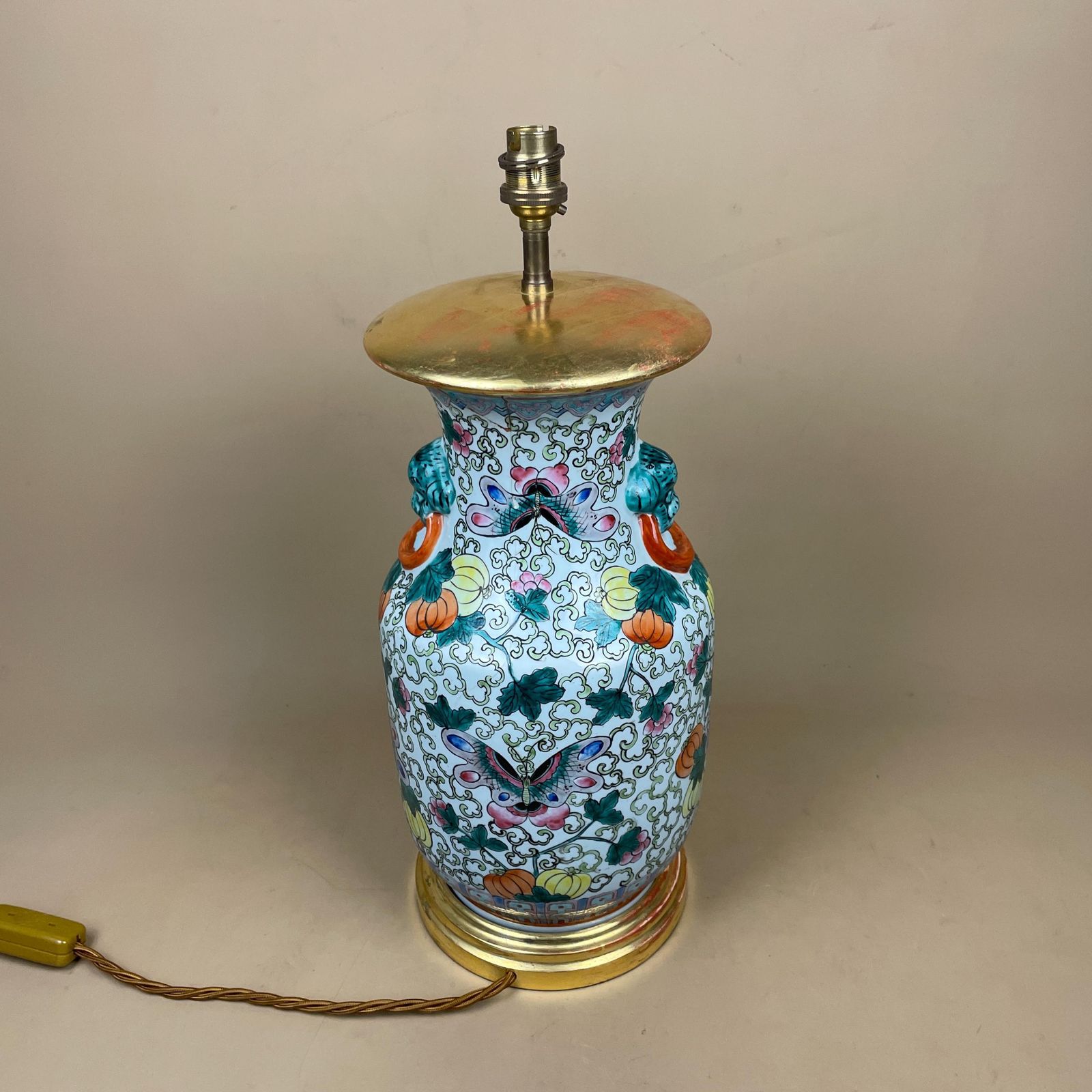 Large Oriental Antique Ceramic Lamp Light Bedside Table Hand Painted Floral Design Fruit Gold Painted Wood Base Chinese Vase Vintage photo vintage