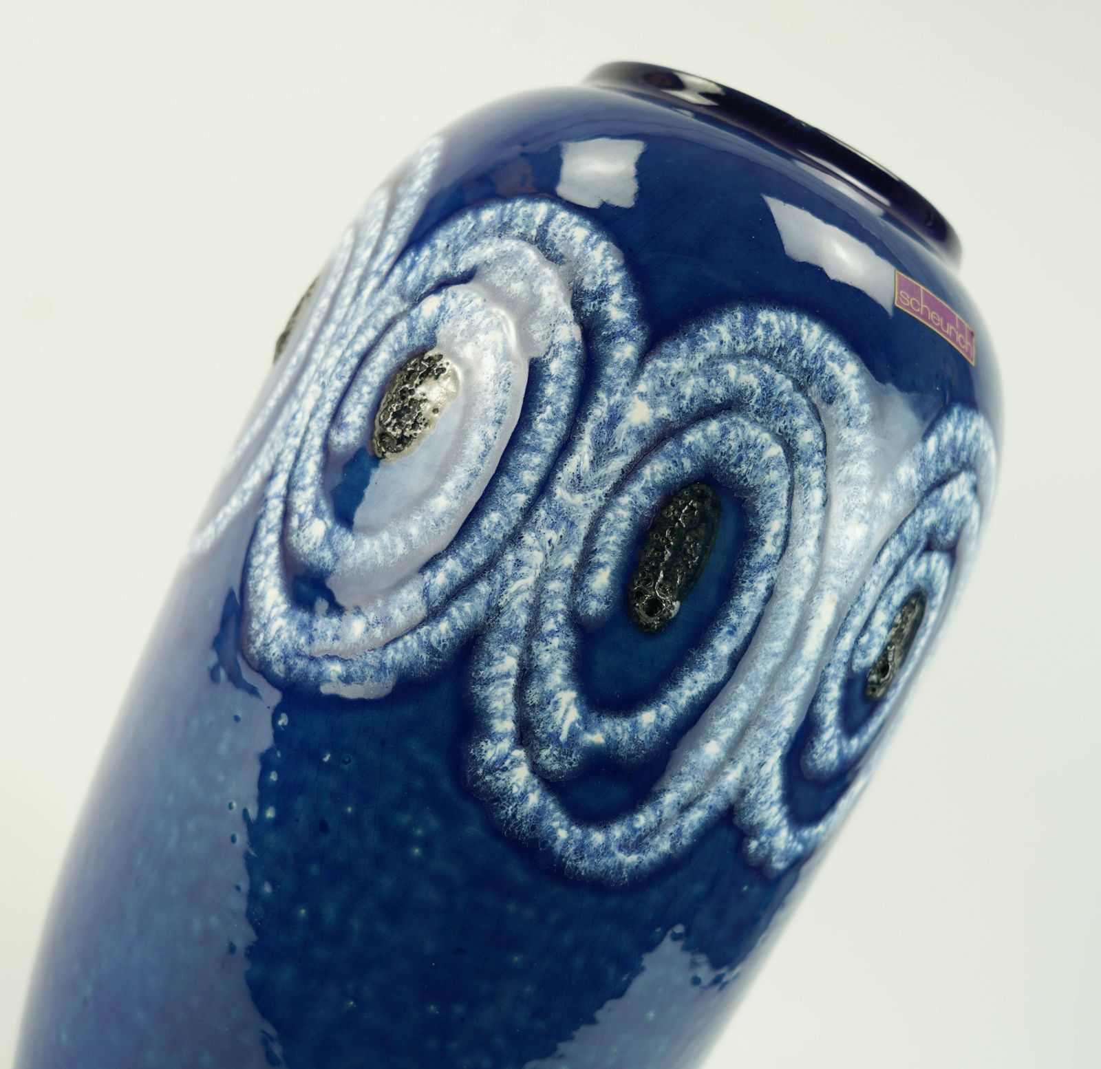 Vase de sol Scheurich bleu à motif tourbillon blanc, Fat Lava, modèle n° 546-41 photo vintage