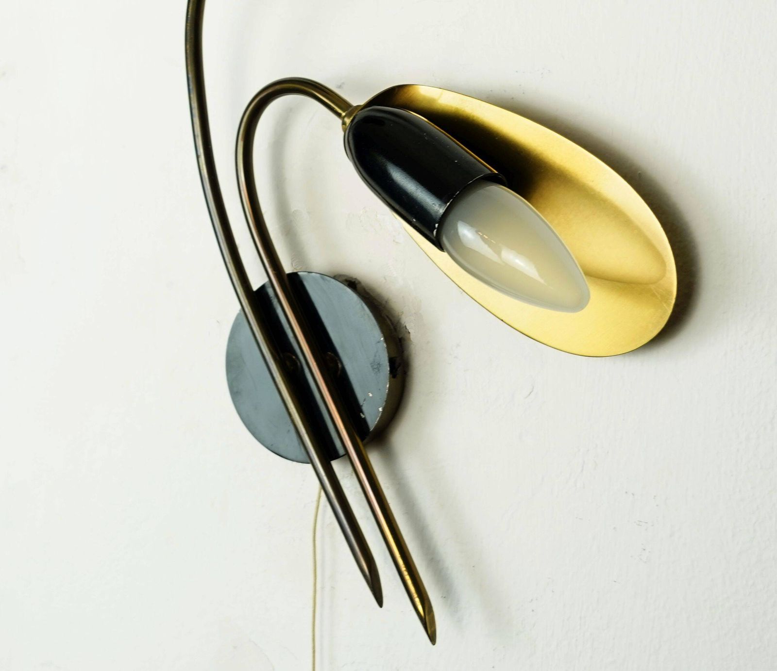 photo for sale Pair Of 1950s Mid Century Sconces Wall Lamps Brass Black Metal