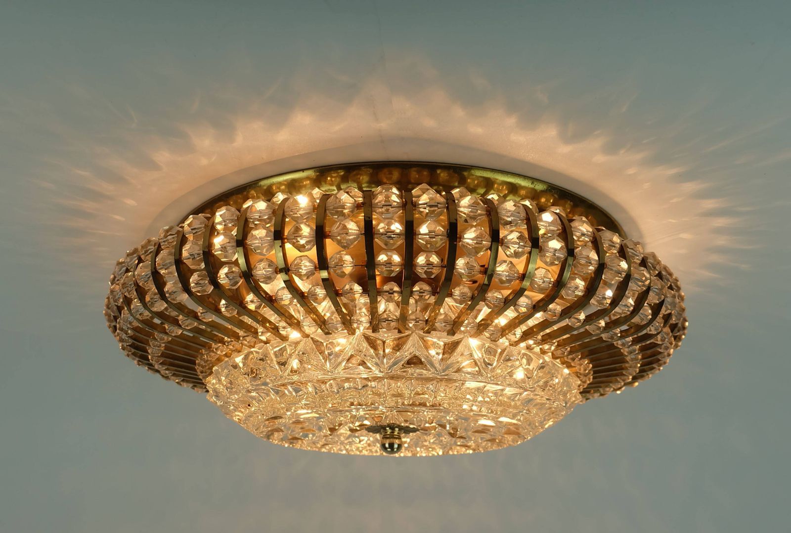Glamorous 1960s Ceiling Lamp, Brass And Glass Light Fixture photo vintage