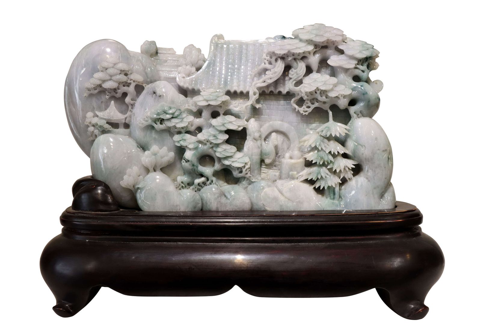 Exceptional Large Chinese Carved Jade Mountain Landscape Sculpture On Hardwood Stand