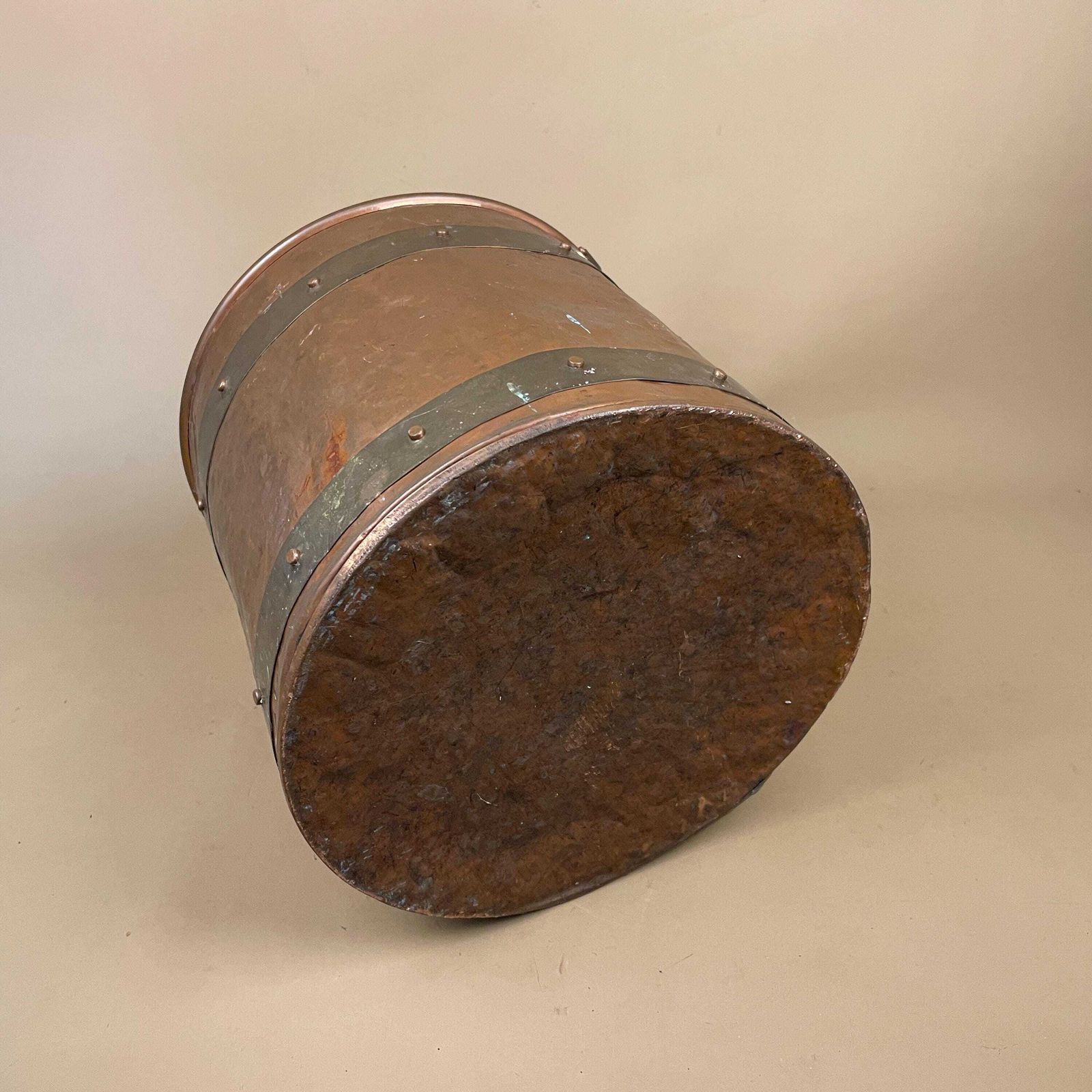 photo for sale Antique Metal Copper Coal Bucket Gold Brass Handle Fireside Fire Side Scuttle Helmet Cottage Vintage Fireplace Logs Ornate Round Large