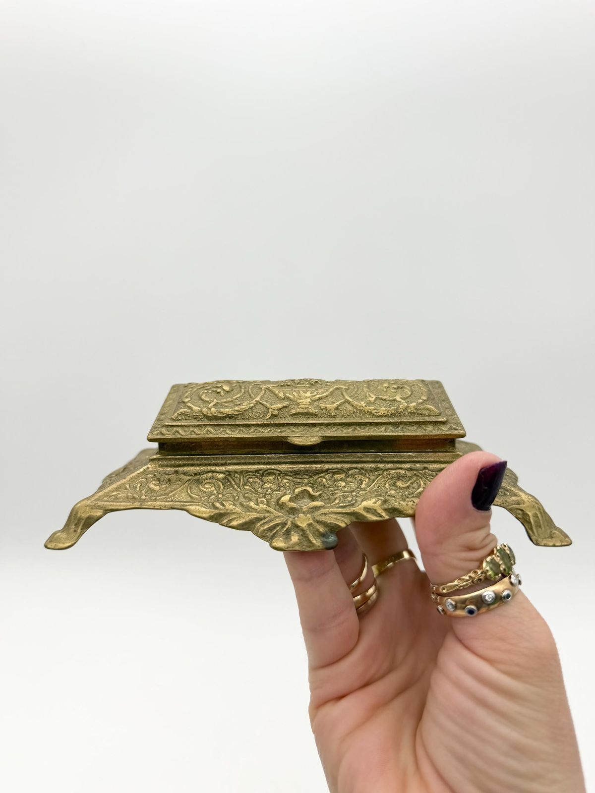 Antique Art Nuveau Brass Stamp Box, Small Ornate Brass Box photo vintage