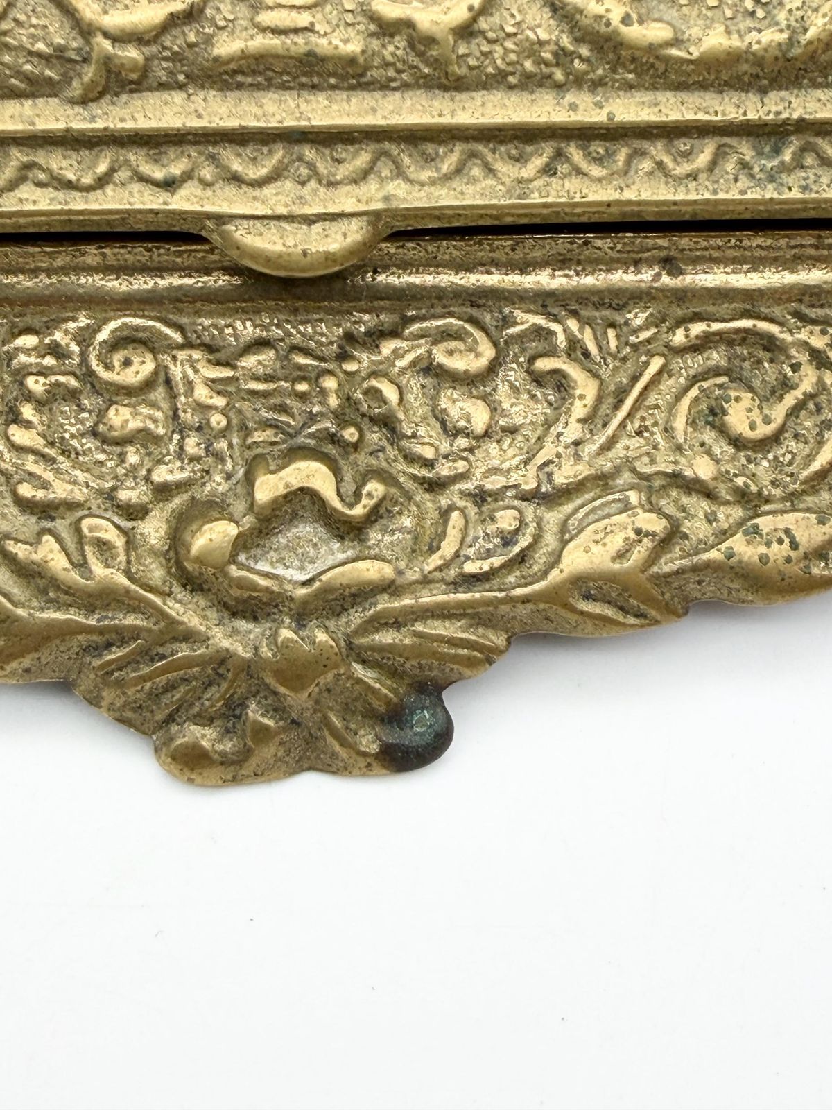 photo furniture Antique Art Nuveau Brass Stamp Box, Small Ornate Brass Box