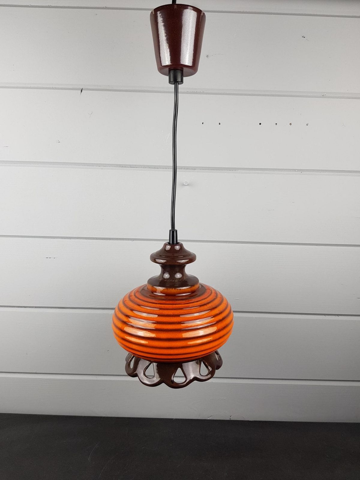 Vintage Set Of 2 Brown And Orange Ceramic Pendant Lamps – West German Pottery Ceiling Lights – 1960s 1970s Mid Century Modern photo Lighting