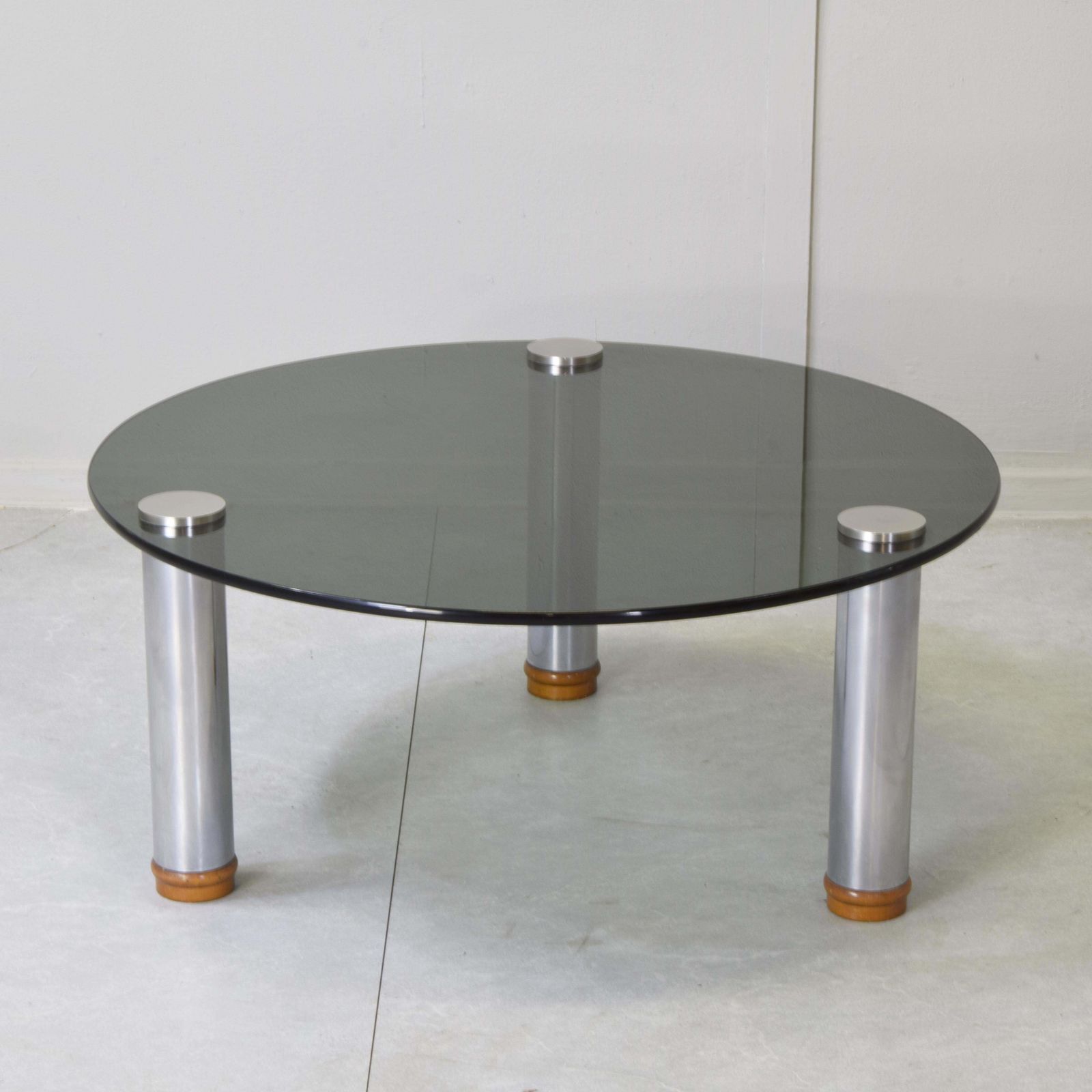 photo furniture Marco Zanuso For Zanotta Marcuso Round Coffee Table Smoked Glass Steel 1970s