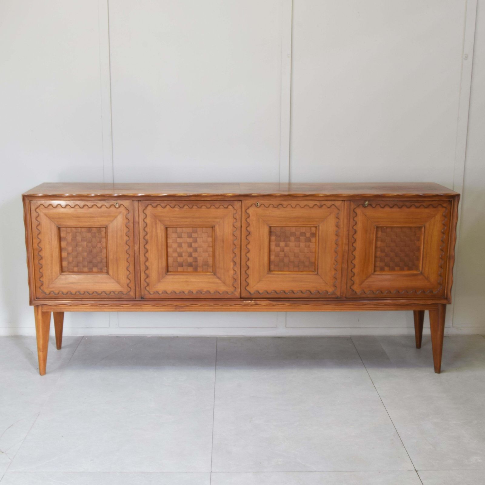 Paolo Buffa Fourdoor Walnut Credenza With Checkerboard Marquetry 1950s photo furniture