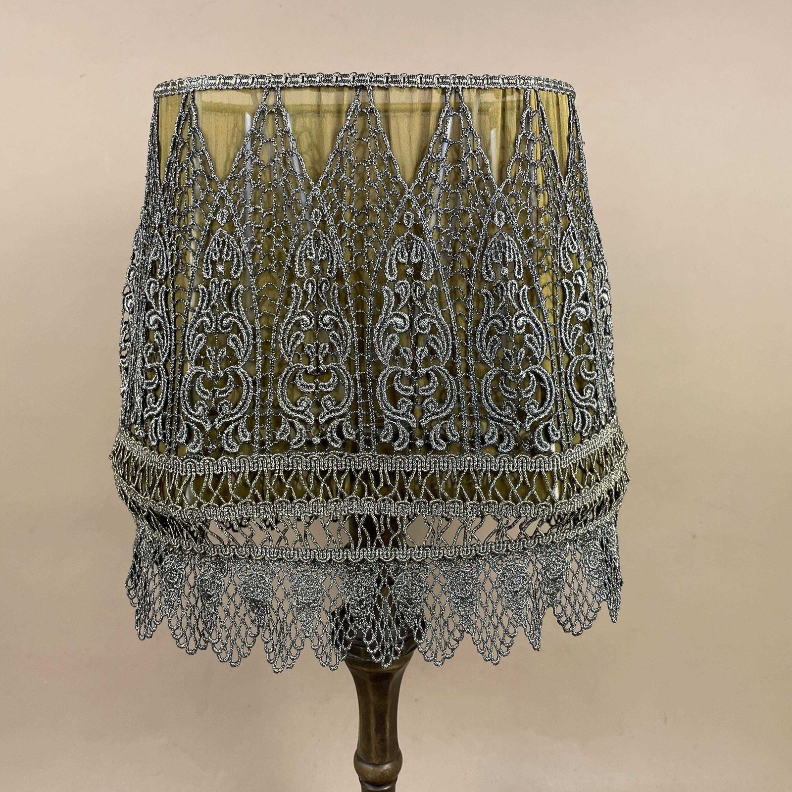 Antique Metal Gold Brass Lamp Light Bedside Side Table Desk Column Pillar Base Ornate Detail Medium Vintage Lampshade Silk Green Shade Lace photo furniture