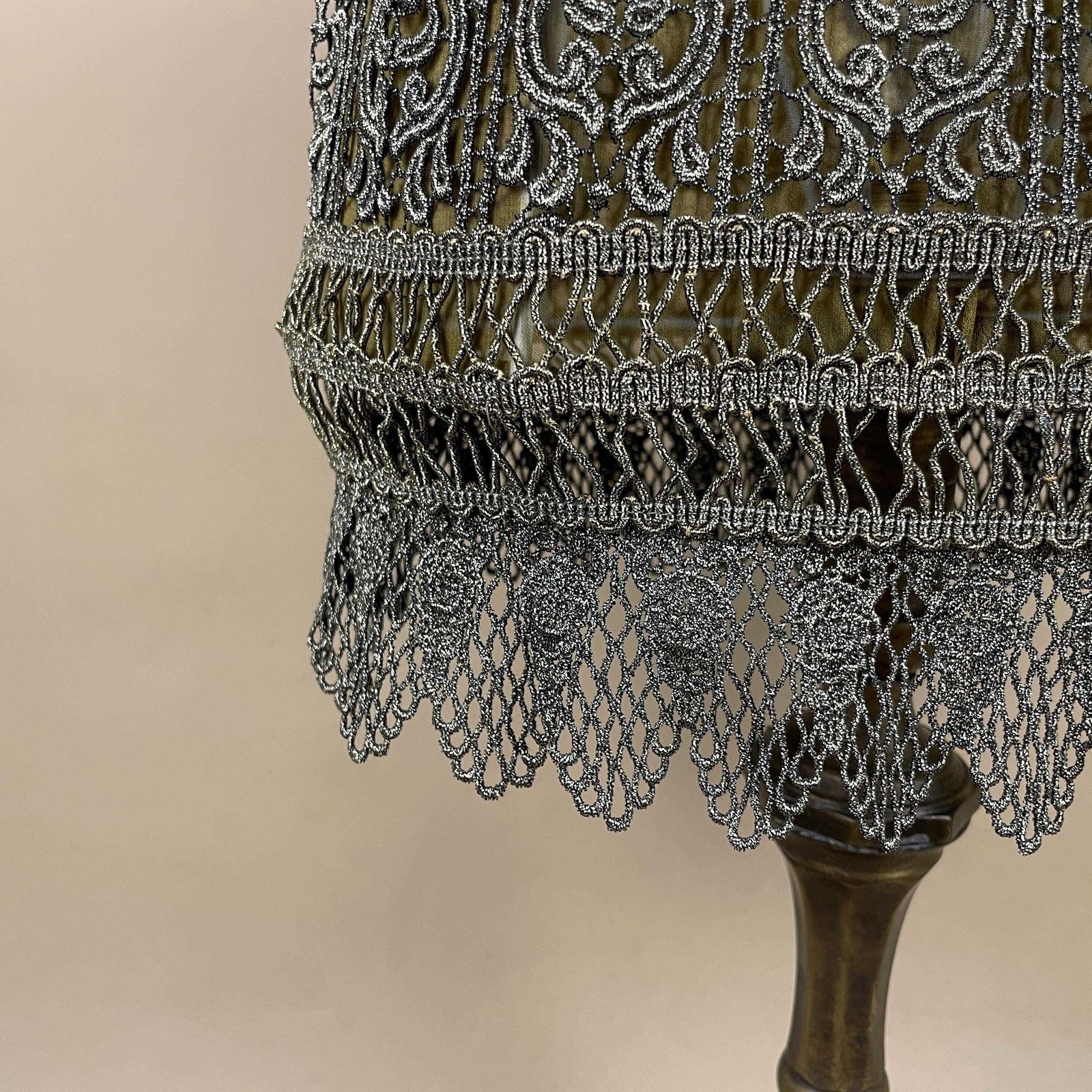 photo furniture Antique Metal Gold Brass Lamp Light Bedside Side Table Desk Column Pillar Base Ornate Detail Medium Vintage Lampshade Silk Green Shade Lace