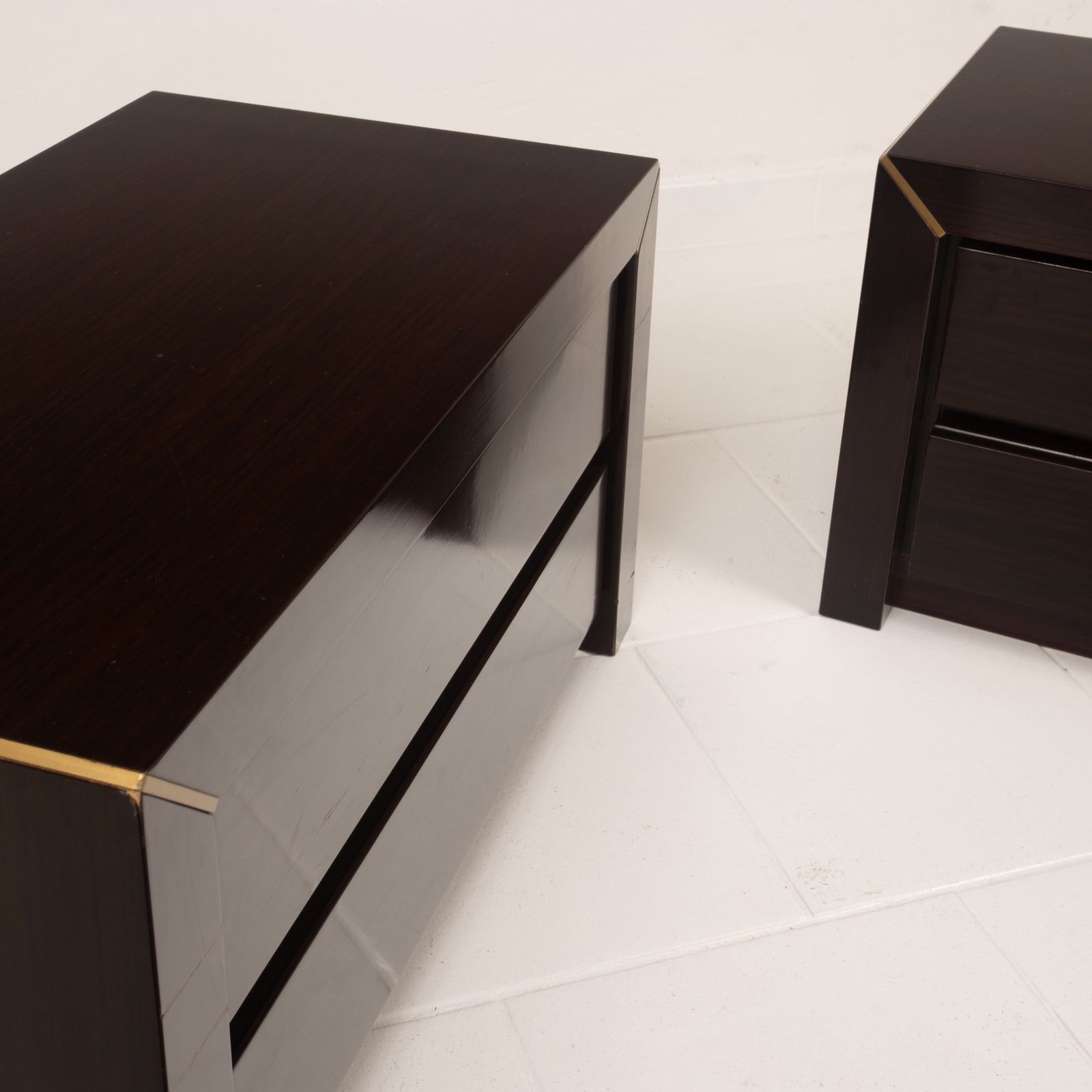 photo for sale Pair Of African Rosewood And Brass Bedside Tables For Fratelli Turri