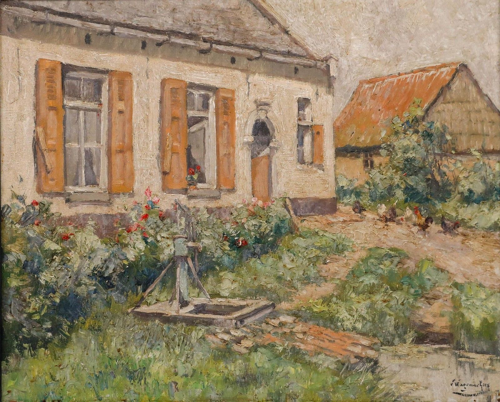 Victor Wagemaekers (1876 1953)  Belgian School Oil, Chickens In The Front Garden photo furniture