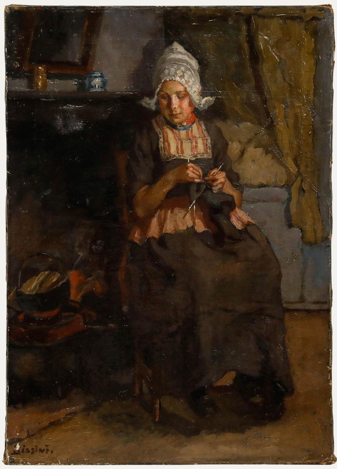 Biasini Early 20th Century Oil, Dutch Woman Knitting