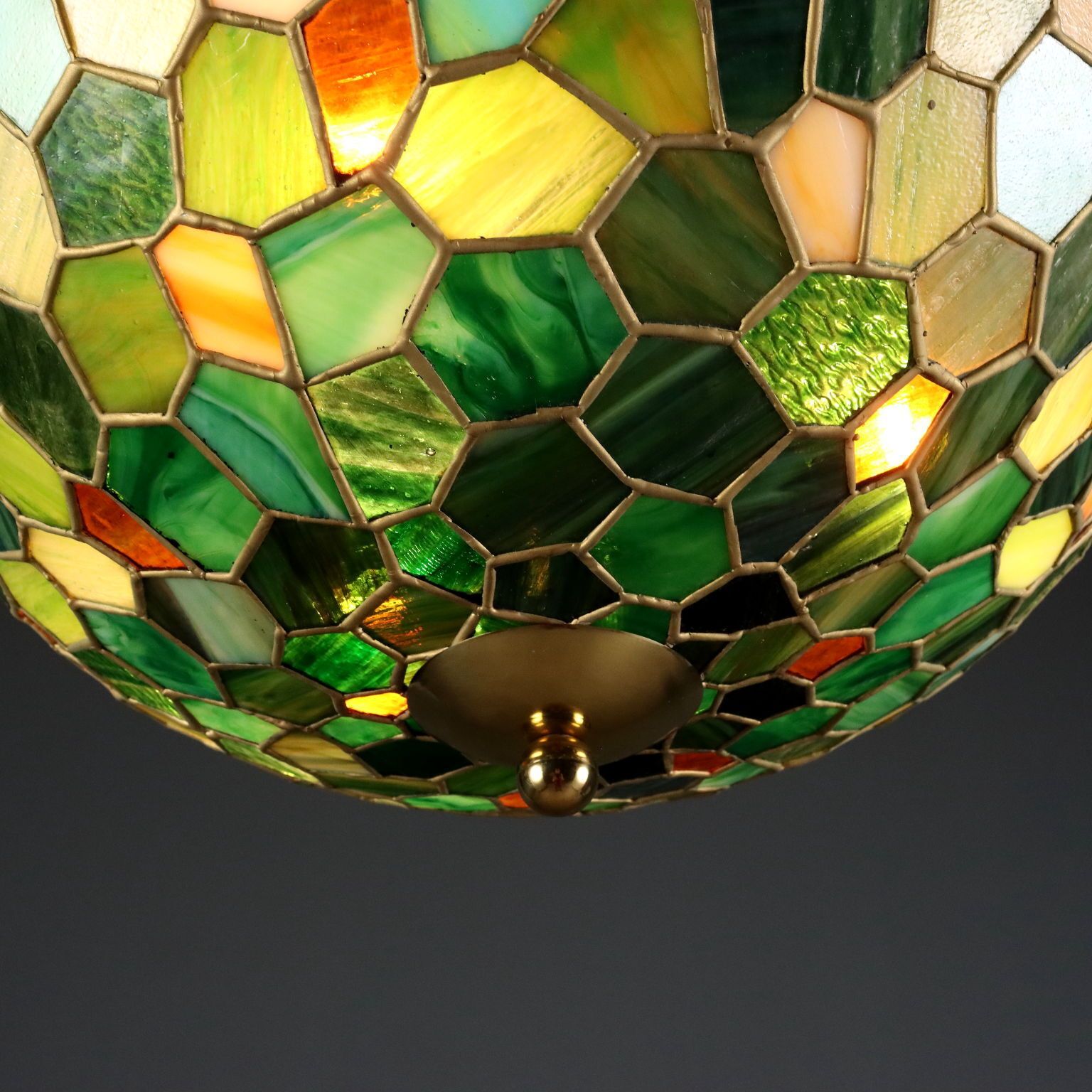Antique Chandelier Tiffany Style Brass Glass Italy XX Century photo for sale