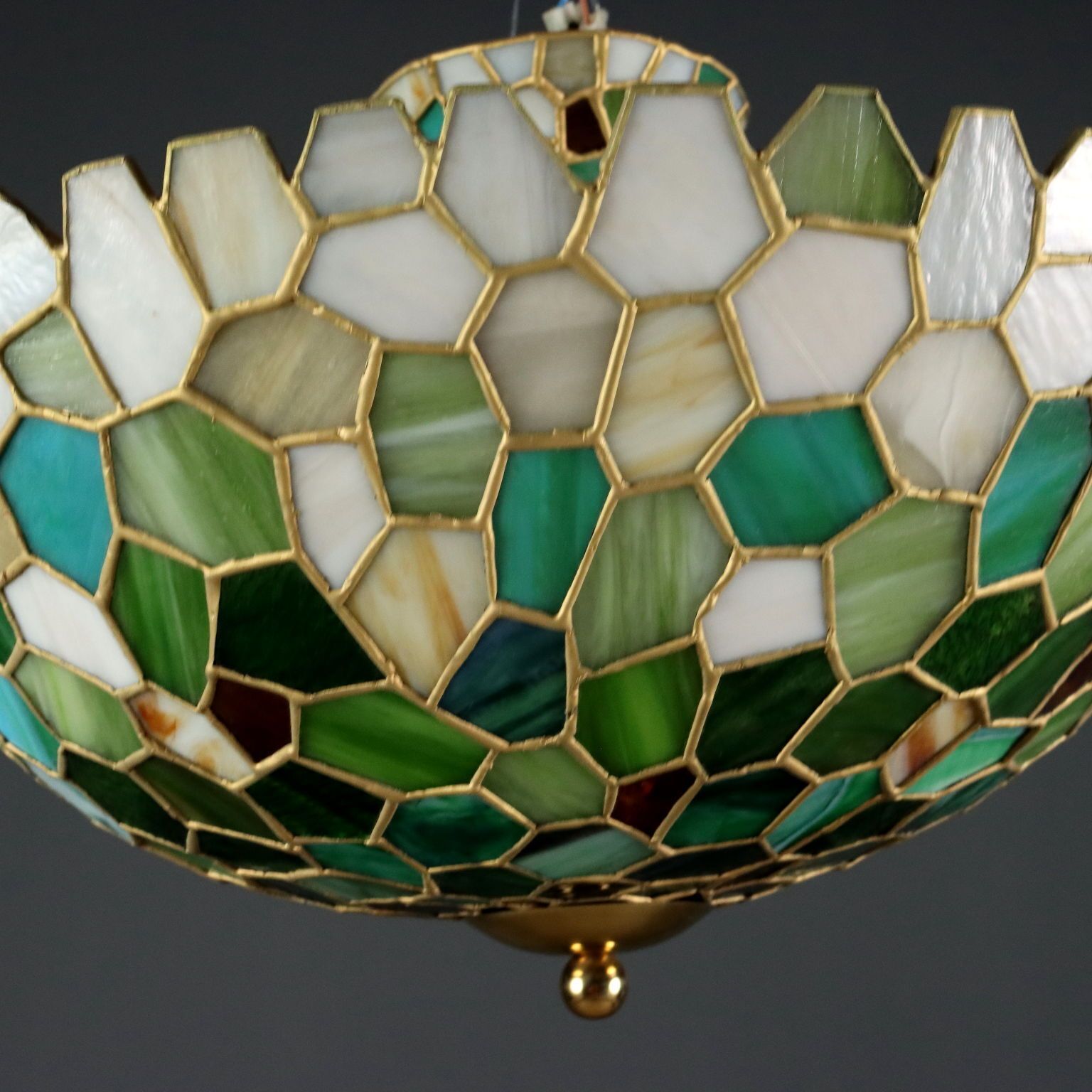 Lighting Antique Chandelier Tiffany Style Brass Glass Italy XX Century photo
